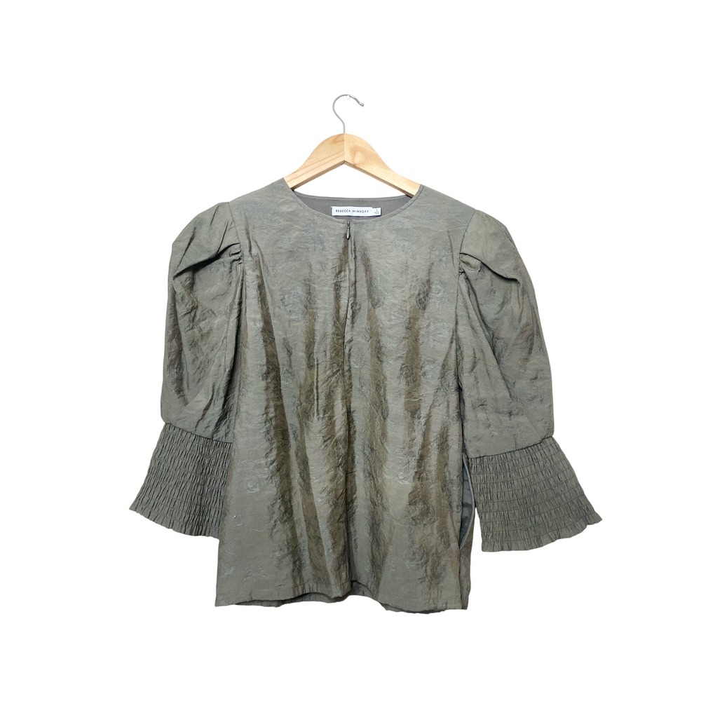 Rebecca Minkoff Olive Green Floral Jacquard Puff Sleeve Smocked Blouse Small‎